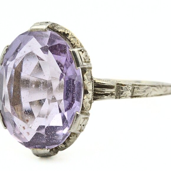 Opulent Antique Edwardian 14K White Gold Amethyst Ring Sz 8. - Picture 7 of 10
